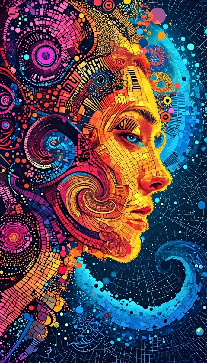 Un vibrante póster digital que muestra el perfil de una mujer adulta formado por mosaicos, espirales y circuitos fractales sobre un fondo oscuro estrellado. La iluminación de borde de neón en magenta, amarillo, cian y azul le da a la vista lateral de cerca un ambiente futurista y psicodélico.