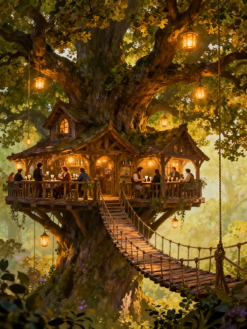 Una acogedora posada de madera construida en las ramas de un roble gigante, con balcones envolventes, un puente colgante y faroles colgando de las ramas. Una cálida luz dorada ilumina a pequeños grupos de huéspedes que charlan y beben en los balcones.