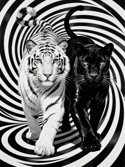 Un tigre blanco y una pantera negra caminan uno al lado del otro hacia el espectador, emergiendo de un fondo arremolinado en blanco y negro que crea una ilusión óptica de movimiento. El estilo gráfico de alto contraste resalta las formas audaces de los felinos frente a las líneas hipnóticas.
