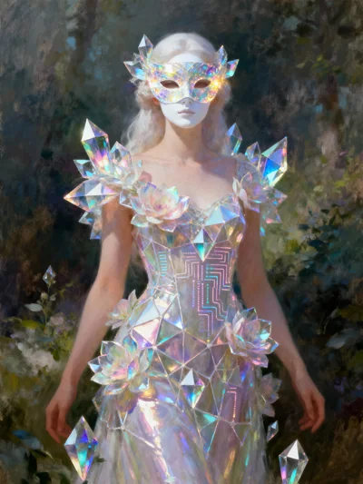 Una figura pálida con una máscara brillante incrustada de gemas y un vestido de cristal iridiscente está de pie mirando hacia el frente contra el follaje verde oscuro del bosque. El vestido facetado tiene flores de loto de cristal y tenues patrones brillantes similares a circuitos, iluminados en blancos relucientes, plateados y pasteles suaves.