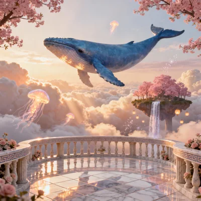 Una ballena azul vuela por un cielo luminoso de nubes color durazno acompañada de medusas brillantes, con una terraza clásica de mármol en primer plano y una isla flotante a lo lejos que deja caer una cascada. La cálida luz de la hora dorada le da a la escena de fantasía un ambiente sereno y de ensueño.