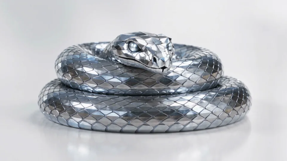 A highly reflective, chrome-silver snake with faceted scales moves in an elegant S-shape across a pure white surface. The camera is positioned at a medium angle, focusing on the snake's head and body, with soft lighting that accentuates its metallic sheen and subtle icy-blue highlights. The mood is sleek and modern.