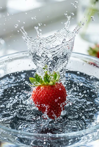 A macro photograph captures a vibrant red strawberry mid-splash into clear water. The high-speed capture freezes the dynamic action, showcasing water droplets suspended in the air and a powerful splash emanating from the fruit. The lighting is bright and clean, highlighting the textures of the strawberry and the water. The perspective is close-up, emphasizing the detail of the moment.