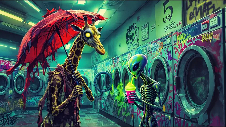 A neon-lit laundromat storefront at dusk with a surreal, anthropomorphic giraffe-like figure holding a red umbrella standing in the open doorway. The scene is frontal and symmetrical, eye-level perspective, with vibrant pink and teal neon glow, graffiti-covered windows, and an empty small-town street outside.