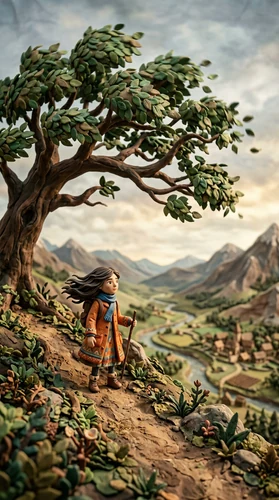 A charming stop-motion claymation scene features a young girl with wind-swept hair, dressed in an orange coat and scarf, standing on a hillside path next to a large, old tree. She holds a walking stick and looks out over a miniature valley with a winding river, a village, and distant mountains. The image uses a shallow depth of field, giving it a diorama-like quality.
