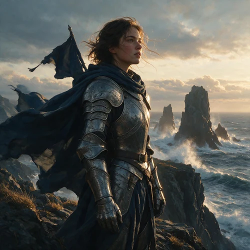 A female knight in weathered silver armor stands on a windswept sea cliff during golden hour. The dramatic lighting highlights her determined gaze as she looks towards the horizon. Waves crash against jagged rock stacks in the background under a cloudy sky, creating a powerful and epic atmosphere. The low camera angle emphasizes the grandeur of the scene and the subject's stoic presence.