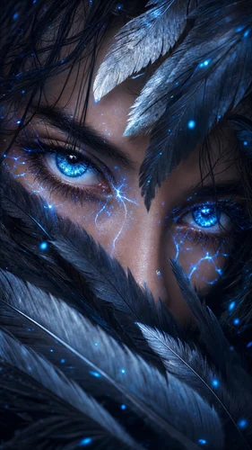 An extreme close-up portrait of a woman's face, heavily framed by dark feathers, showcases piercing, electric-blue eyes with intricate glowing patterns. Subtle bioluminescent markings and blue sparks add to the ethereal and mysterious mood, captured with dramatic, dark lighting.