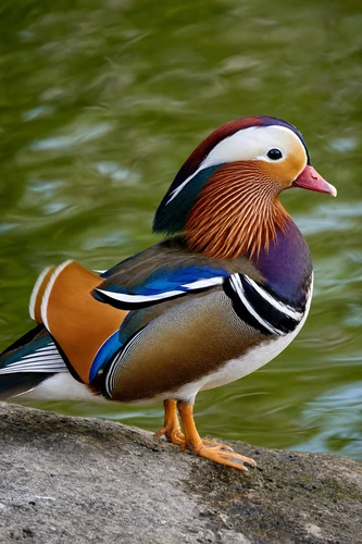 A vibrant mandarin duck stands on a rock by the water. The duck displays striking iridescent plumage in shades of orange, purple, blue, and white. The camera is at eye-level with the bird, capturing its detailed features against a softly blurred green background. The lighting highlights the duck's colors, creating a serene yet striking portrait.