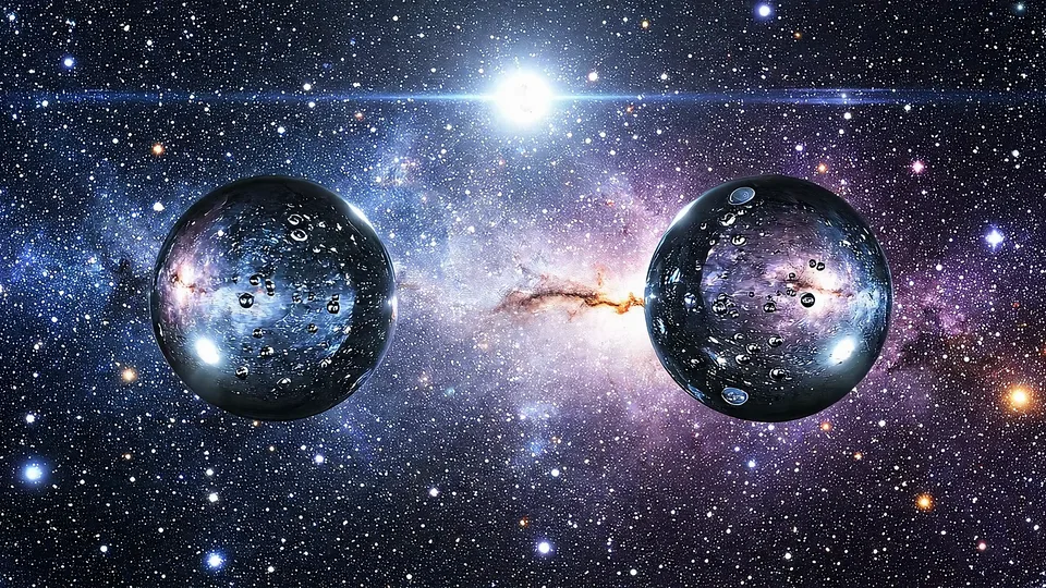 A close-up, symmetrical photorealistic CGI of a large water splash/collision set against a dense starfield and colorful nebula background. Silvery-blue droplets and sheets of liquid arc outward and upward, frozen mid-impact with fine mist, shards, and internal refractions visible. Backlit by a bright cinematic light at the top center, the composition feels dramatic, surreal, and slow-motion.