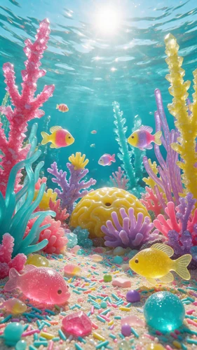 An underwater scene depicts a vibrant coral reef made entirely of candy and sweets. Gummy fish swim amongst rock candy branches and glossy anemones, while sprinkle sand covers the ocean floor. Sunlight filters down, creating dazzling patterns on the colorful, translucent elements.