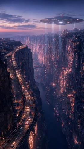 A towering megacity sprawls across the sheer walls of a deep canyon rift, illuminated by countless warm lights. A disc-shaped spaceship hovers above, casting down powerful light beams. A highway with moving traffic curves along one cliff rim, while the canyon floor remains dark. The scene is rendered from an elevated, three-quarter perspective, capturing the epic scale and quiet awe of this dense, glowing civilization at dusk.