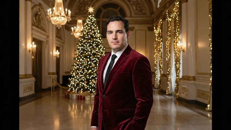 A well-dressed man in a red velvet jacket stands centrally in a lavish, opulent grand hall, richly decorated for Christmas. The magnificent space features high ceilings with intricate gold molding, large sparkling chandeliers, fluted columns, and a polished marble floor reflecting the warm glow of numerous lights. Two large, brightly lit Christmas trees with golden decorations flank the man, adding to the festive and luxurious atmosphere.