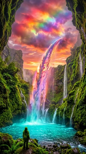 A lone figure stands before a majestic waterfall cascading into a luminous turquoise pool. The water transforms into a vibrant spectrum of colors, arcing towards a rainbow-lit sky filled with sunset hues of magenta, orange, and violet. Lush, intensely green moss covers the surrounding cliffs, creating a surreal and magical natural landscape.