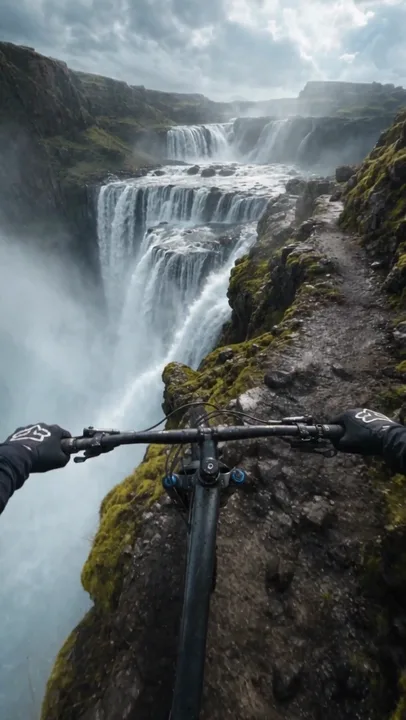 A first-person perspective video shows a mountain biker navigating a narrow, rocky trail alongside a massive waterfall. The camera is locked onto the handlebars, moving forward along the cliff's edge. The environment is misty and overcast, with lush green moss covering the rocks. The mood is adventurous and slightly precarious.