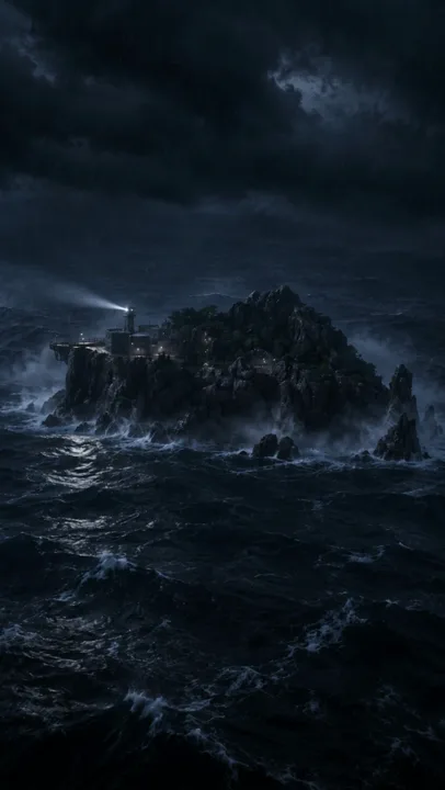 A dramatic scene unfolds as rough, dark ocean waves churn around a rocky island under a stormy, dark sky. A solitary structure sits atop the island, illuminated by a bright security light that sweeps across the scene. The overall mood is ominous and intense.