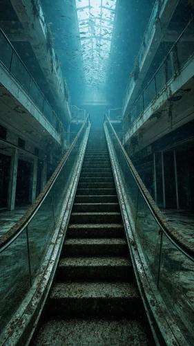An eerie, abandoned shopping mall escalator is submerged deep underwater, leading upwards towards a distant, sunlit skylight. The scene is captured from a low angle, emphasizing the decay and haunting stillness of the flooded interior. Muted blues, grays, and greens dominate the palette, with shafts of pale light filtering through the murky water.