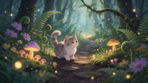 A fluffy kitten stands on a stone path in an enchanted forest, surrounded by glowing mushrooms and magical fireflies. The camera is at a low angle, capturing the kitten's curious gaze into the misty, lush woods. Soft lighting illuminates the scene, creating a whimsical and adventurous mood.