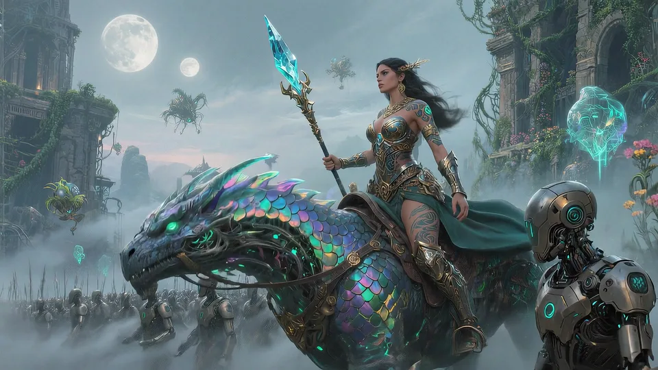 A powerful female warrior in gold and teal armor leads an army of humanoid, armored figures on a majestic iridescent dragon-like creature through a misty, ethereal landscape. The scene features ancient, overgrown ruins and fantastical floating structures under two full moons, with soft, diffused lighting. The mid-shot, slightly low-angle perspective evokes an epic, mystical, and awe-inspiring fantasy and sci-fi fusion.