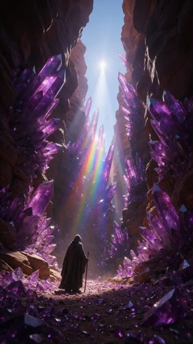 A solitary hooded figure with a staff walks through a narrow canyon filled with towering violet crystals. A beam of sunlight pierces the sky above, refracting into a rainbow spectrum on the crystal formations and canyon walls. The low-angle perspective emphasizes the immense scale and dramatic lighting, creating an epic and overwhelming mood.