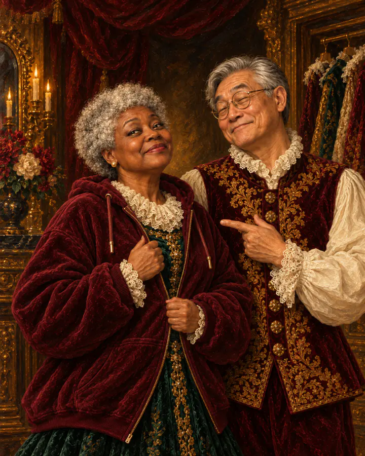 Una pintura al óleo de la pareja de la selfie del pasillo con ropa de la realeza elaborada, donde uno de ellos toma prestada la sudadera del otro.