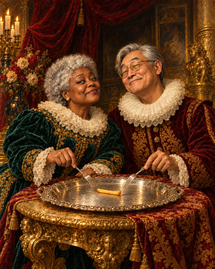La misma pareja mayor pintada junto a una mesa ornamentada, cada uno tratando de alcanzar la última papa frita.